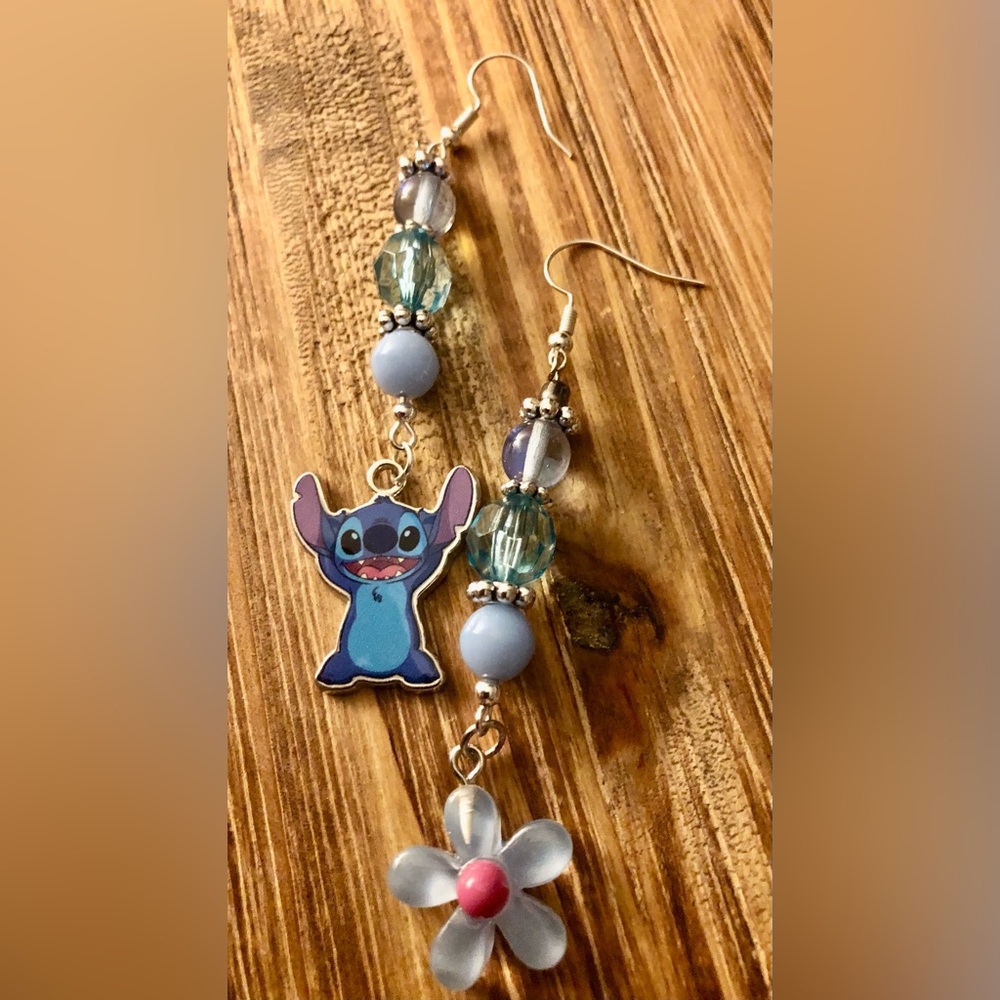 Periwinkle Stitch and Flower Handmade Dangle Earrings